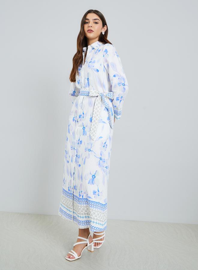 Styli Women Blue Floral Print Collared A-Line Maxi Dress - Image 1